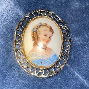 Vintage Limoges France Porcelain Portrait Brooch Lady in Blue Hand Painted Cameo